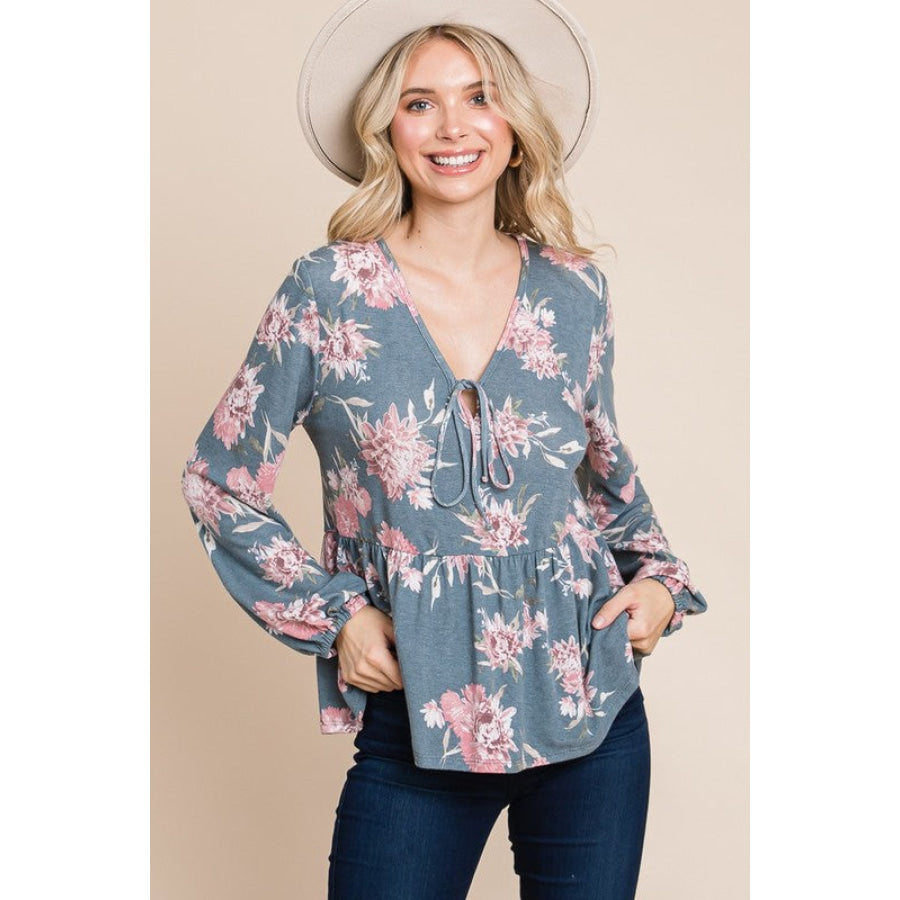 Super Lady Full Size Babydoll Floral Long Sleeve Blouse Apparel and Accessories