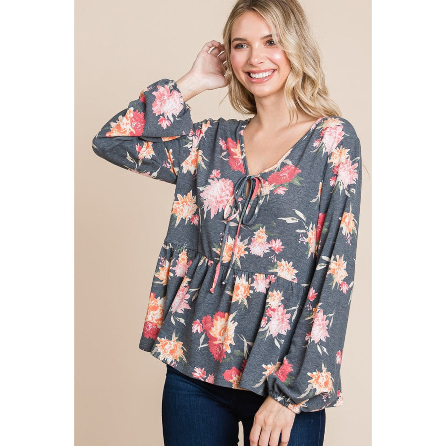 Super Lady Full Size Babydoll Floral Long Sleeve Blouse Apparel and Accessories