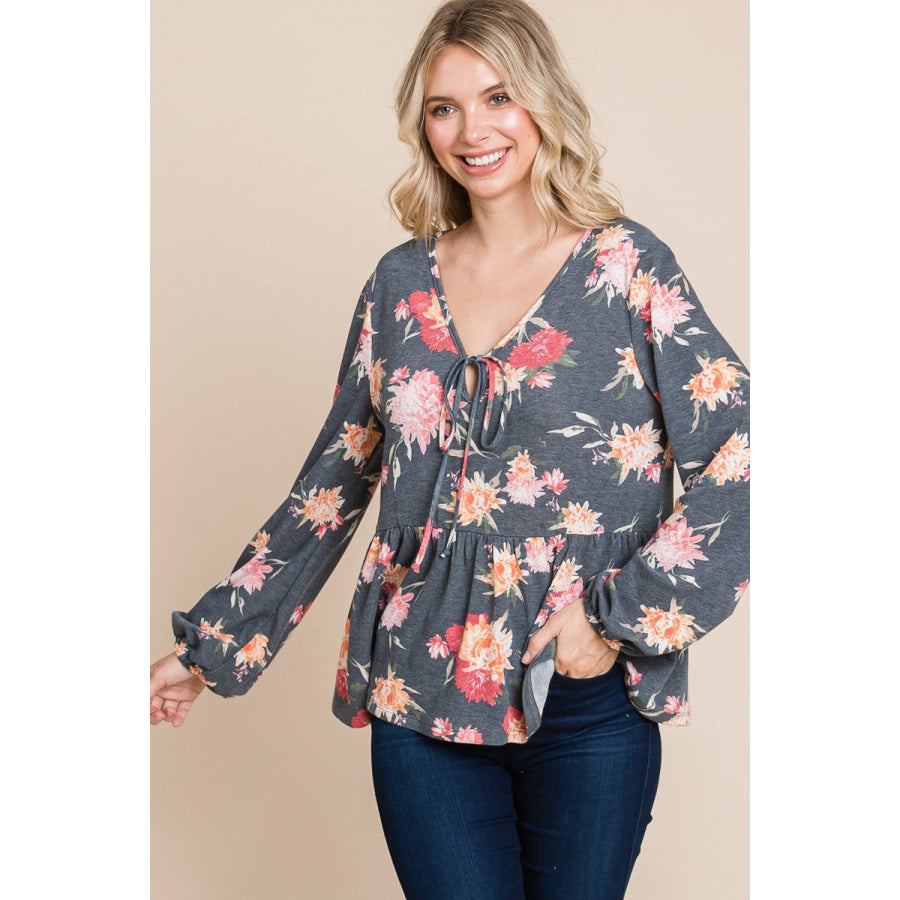 Super Lady Full Size Babydoll Floral Long Sleeve Blouse Apparel and Accessories