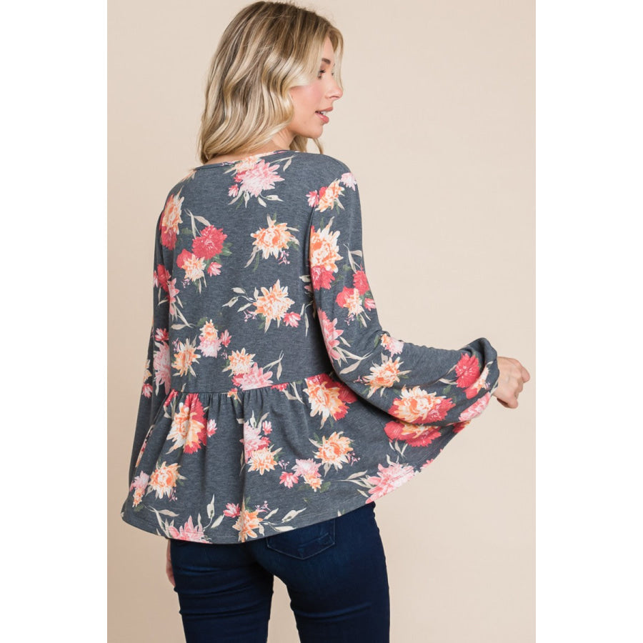 Super Lady Full Size Babydoll Floral Long Sleeve Blouse Apparel and Accessories