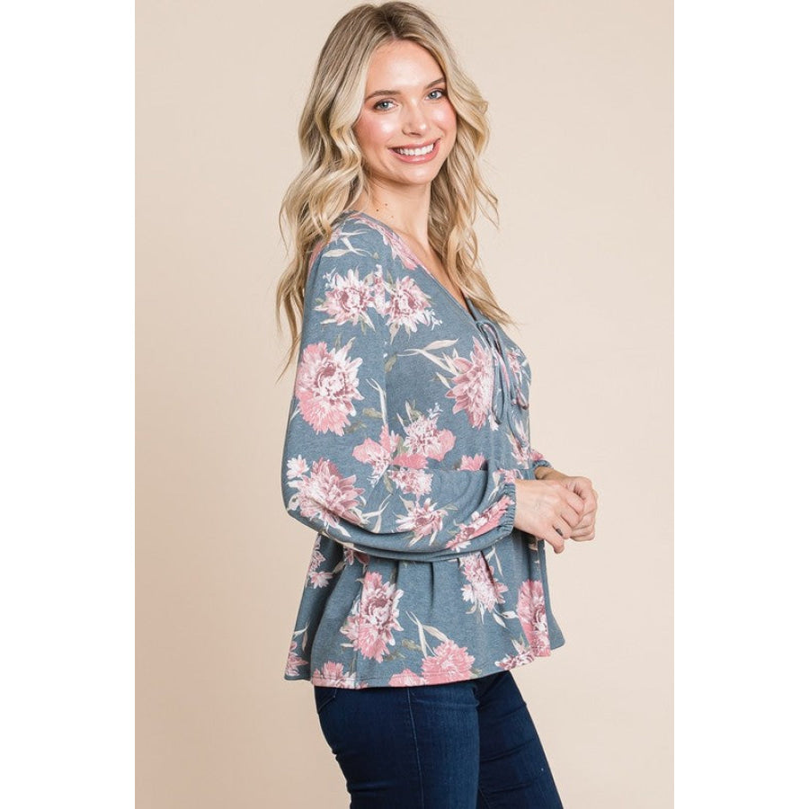 Super Lady Full Size Babydoll Floral Long Sleeve Blouse Apparel and Accessories