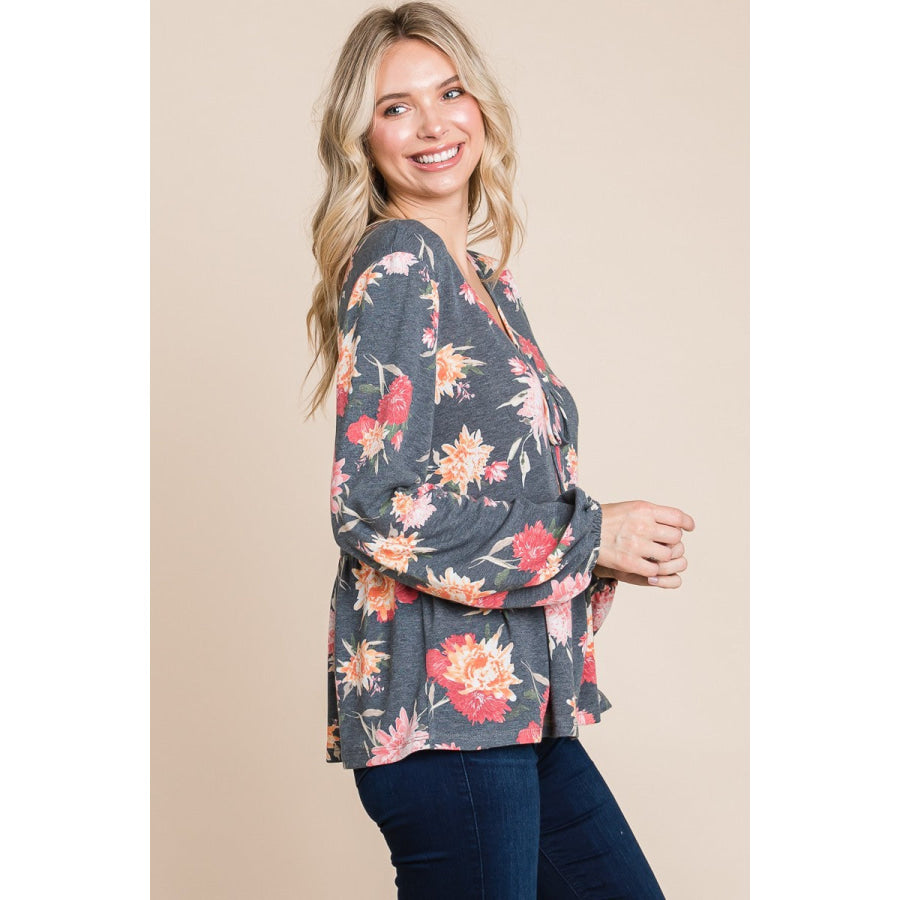 Super Lady Full Size Babydoll Floral Long Sleeve Blouse Apparel and Accessories