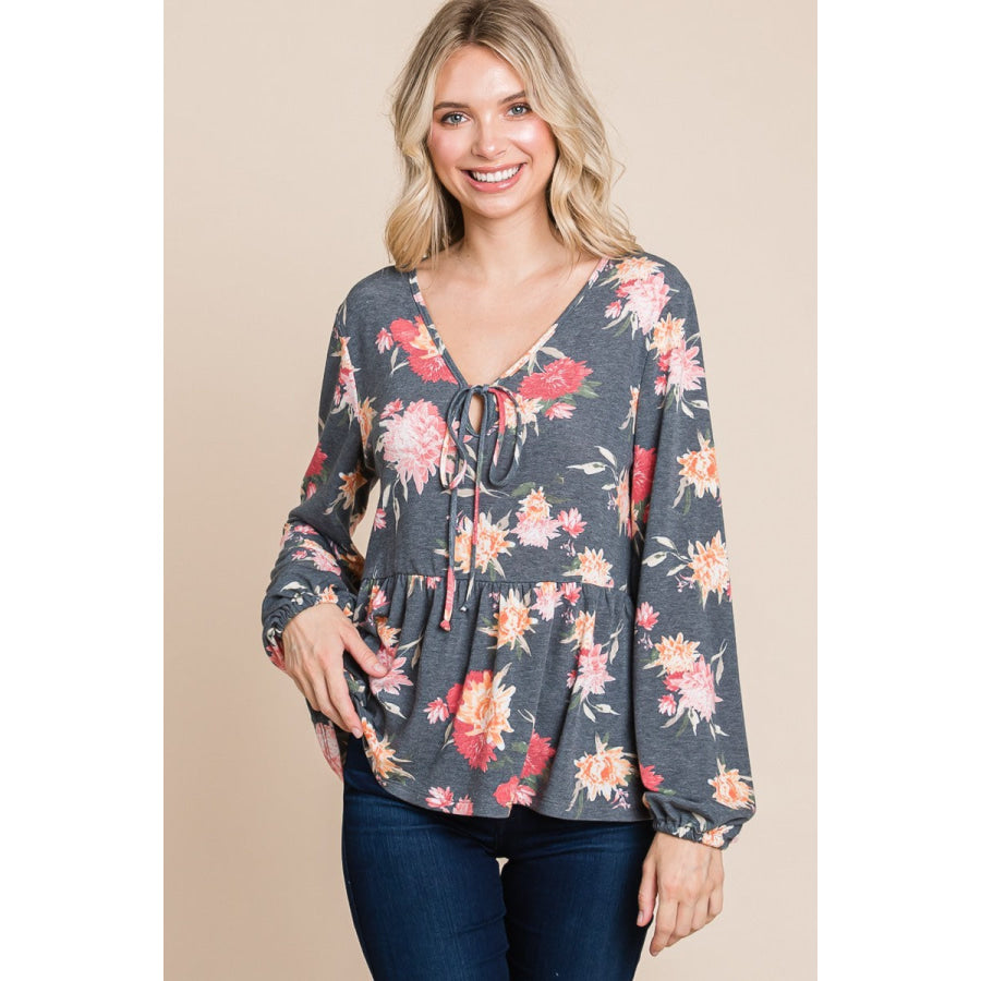 Super Lady Full Size Babydoll Floral Long Sleeve Blouse Apparel and Accessories