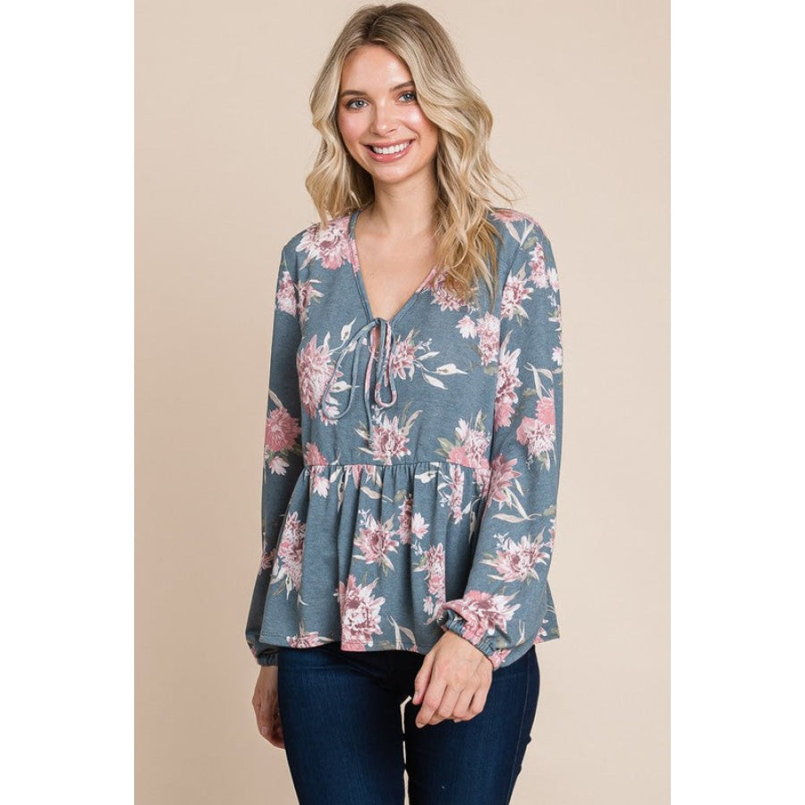 Super Lady Full Size Babydoll Floral Long Sleeve Blouse Apparel and Accessories