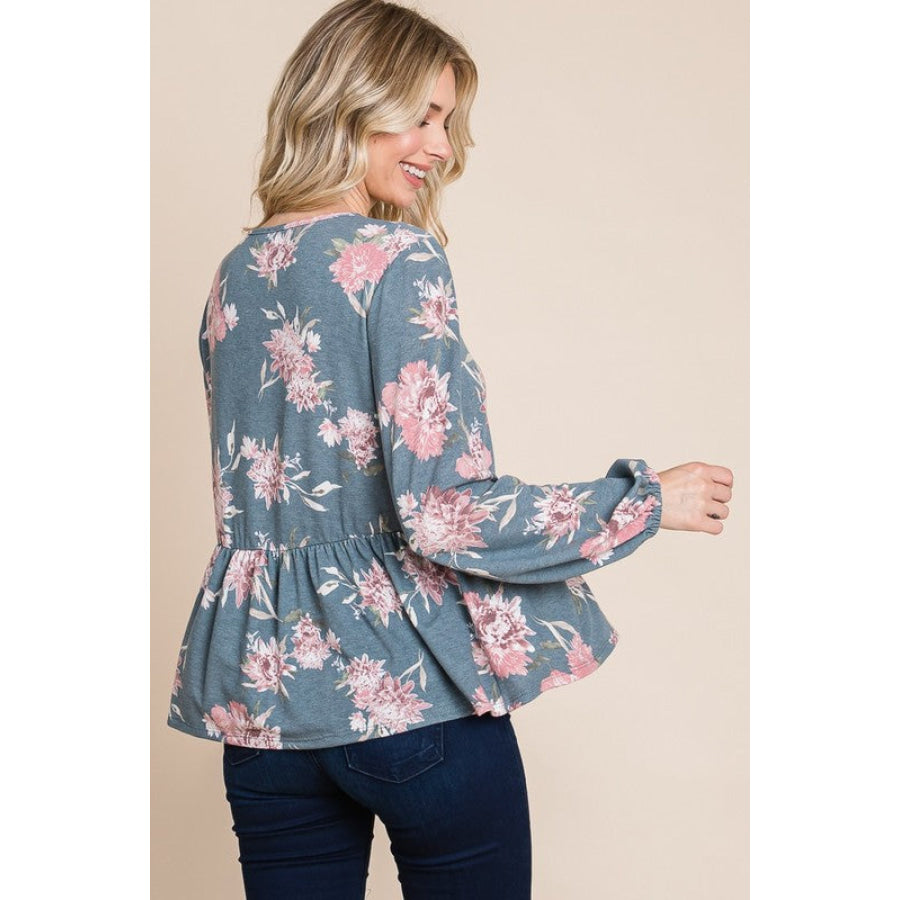 Super Lady Full Size Babydoll Floral Long Sleeve Blouse Apparel and Accessories