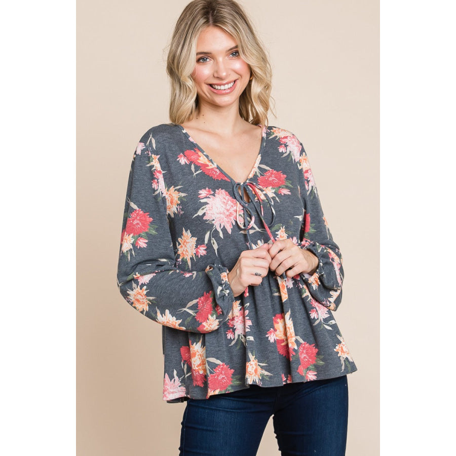 Super Lady Full Size Babydoll Floral Long Sleeve Blouse Charcoal / S Apparel and Accessories