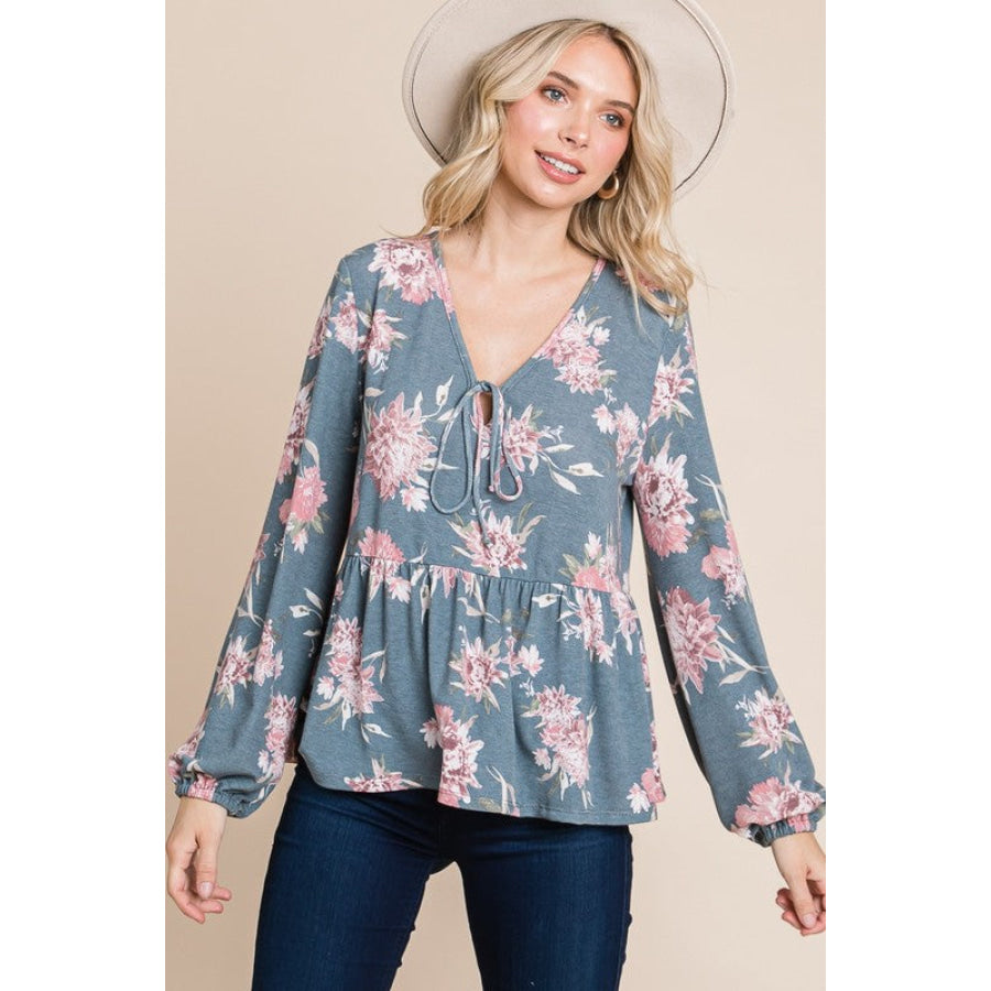 Super Lady Full Size Babydoll Floral Long Sleeve Blouse Floral / S Apparel and Accessories