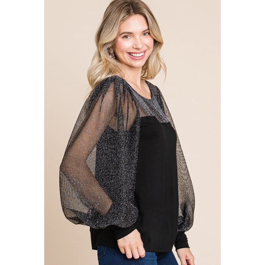 Super Lady Full Size Metallic Mesh Lantern Sleeve Blouse Black / S Apparel and Accessories