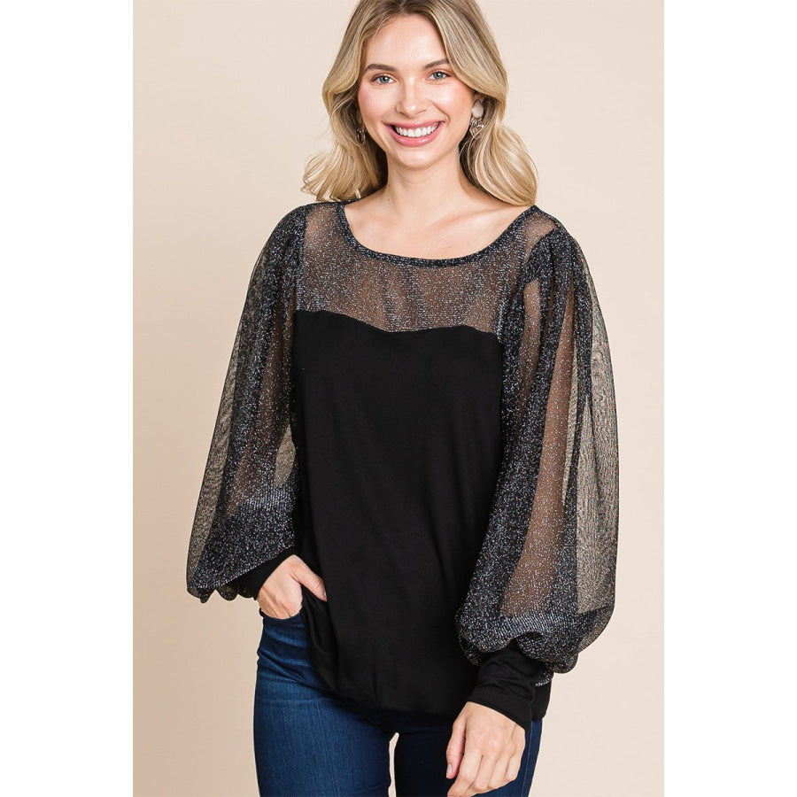 Super Lady Full Size Metallic Mesh Lantern Sleeve Blouse Apparel and Accessories