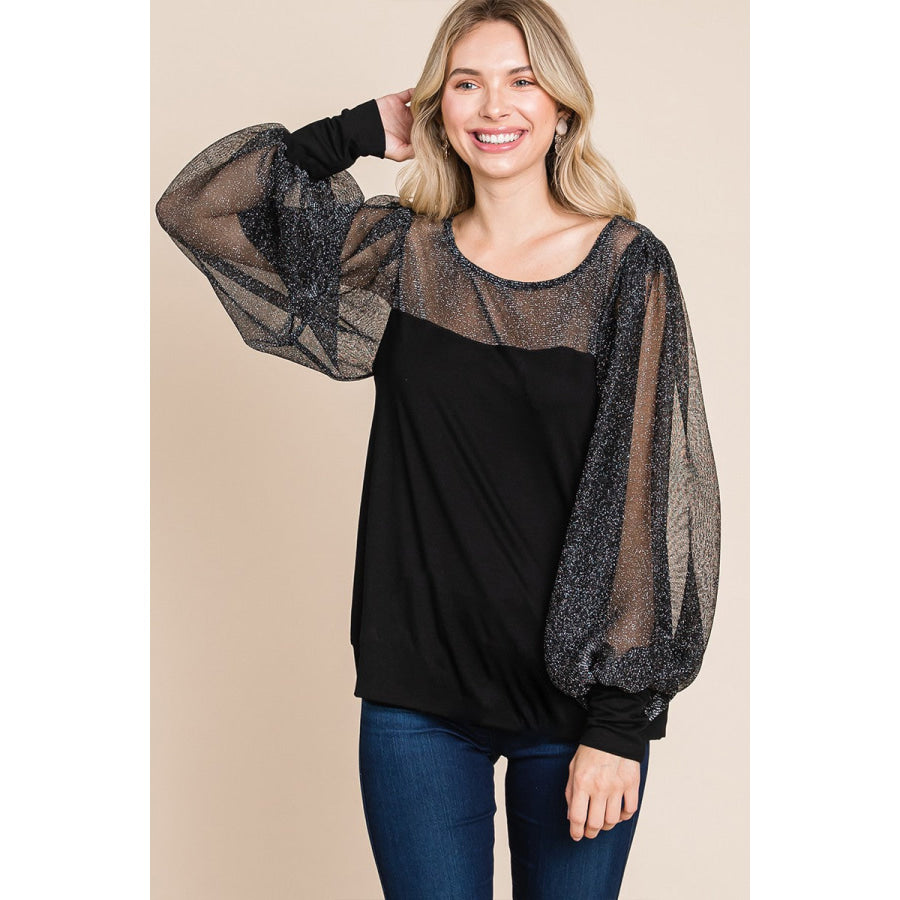 Super Lady Full Size Metallic Mesh Lantern Sleeve Blouse Apparel and Accessories