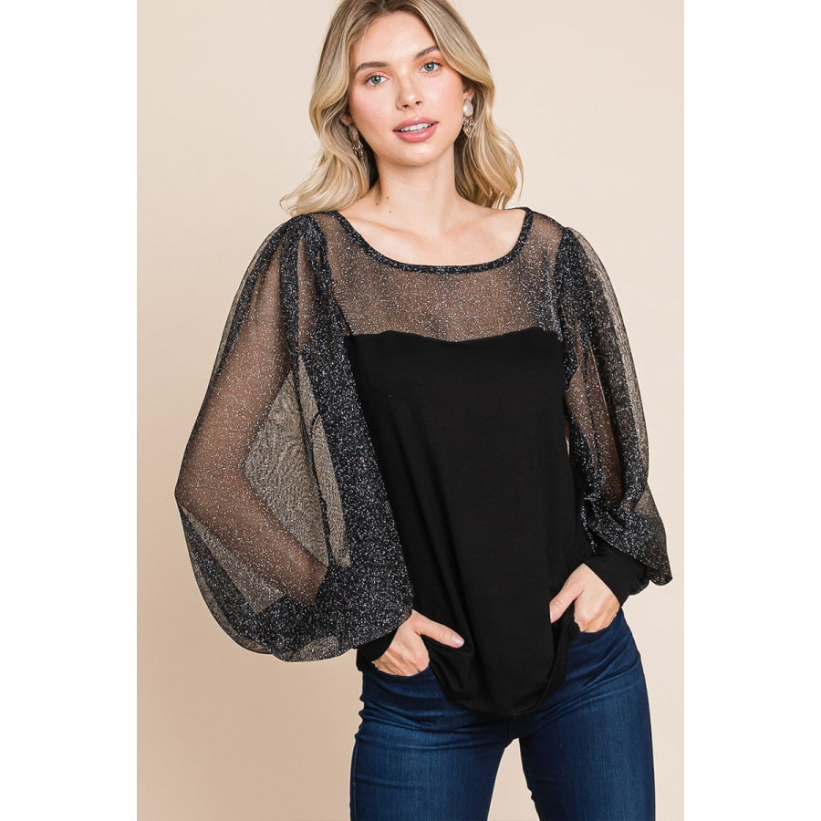 Super Lady Full Size Metallic Mesh Lantern Sleeve Blouse Apparel and Accessories