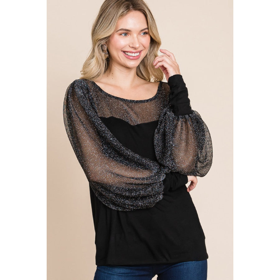 Super Lady Full Size Metallic Mesh Lantern Sleeve Blouse Apparel and Accessories