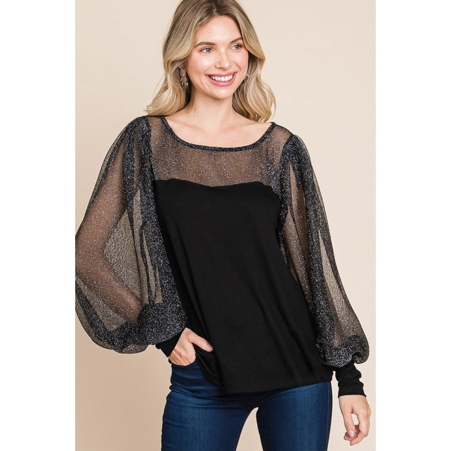 Super Lady Full Size Metallic Mesh Lantern Sleeve Blouse Black / S Apparel and Accessories