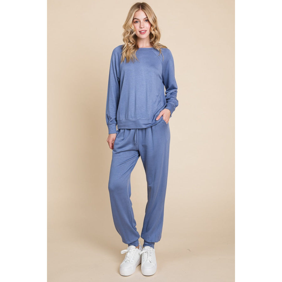 Super Lady Round Neck Raglan Sleeve Top and Pants Lounge Set Powder Blue / S Apparel and Accessories