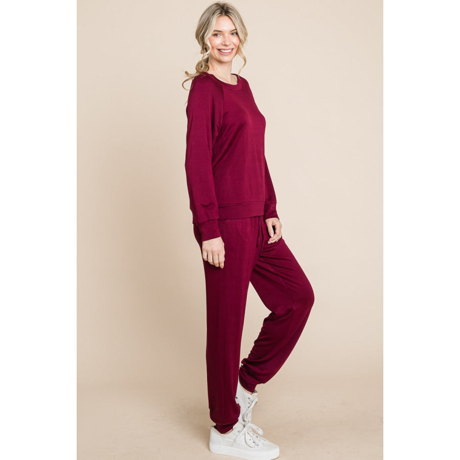 Super Lady Round Neck Raglan Sleeve Top and Pants Lounge Set Burgundy / S Apparel and Accessories