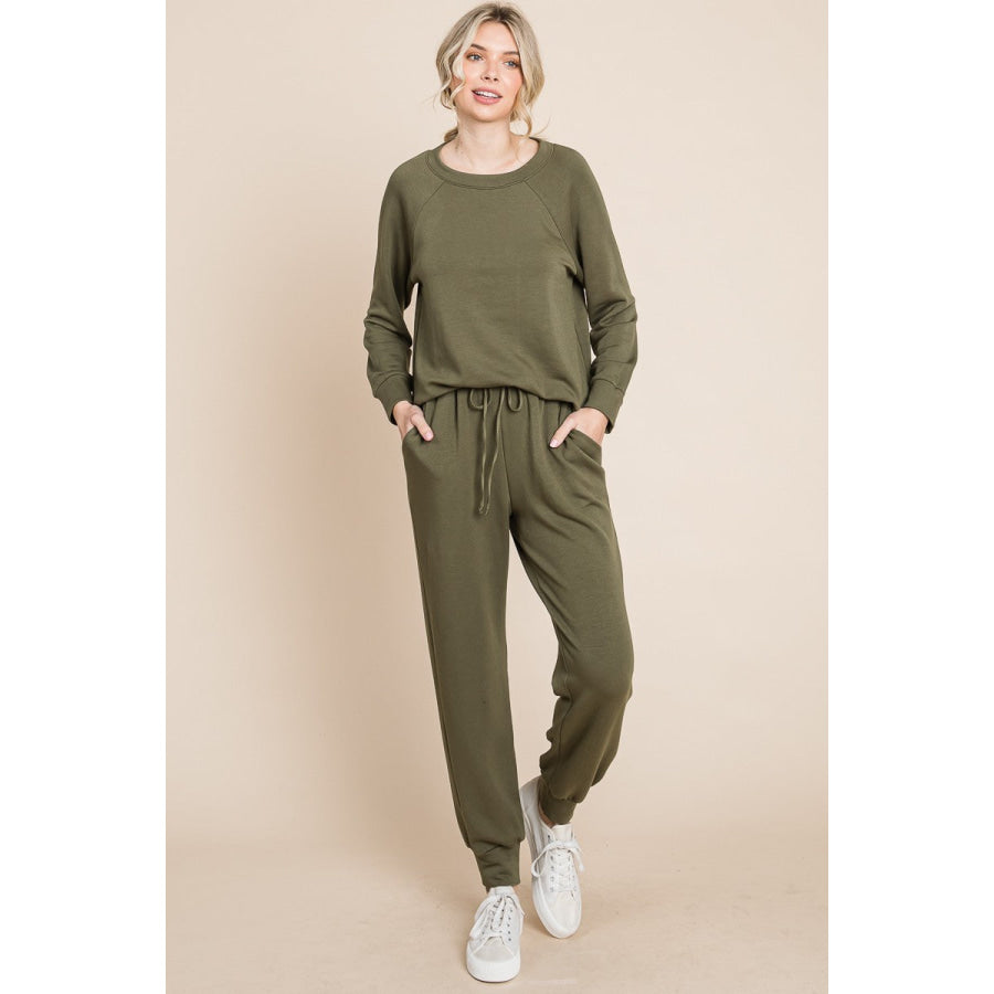 Super Lady Round Neck Raglan Sleeve Top and Pants Lounge Set Olive / S Apparel and Accessories