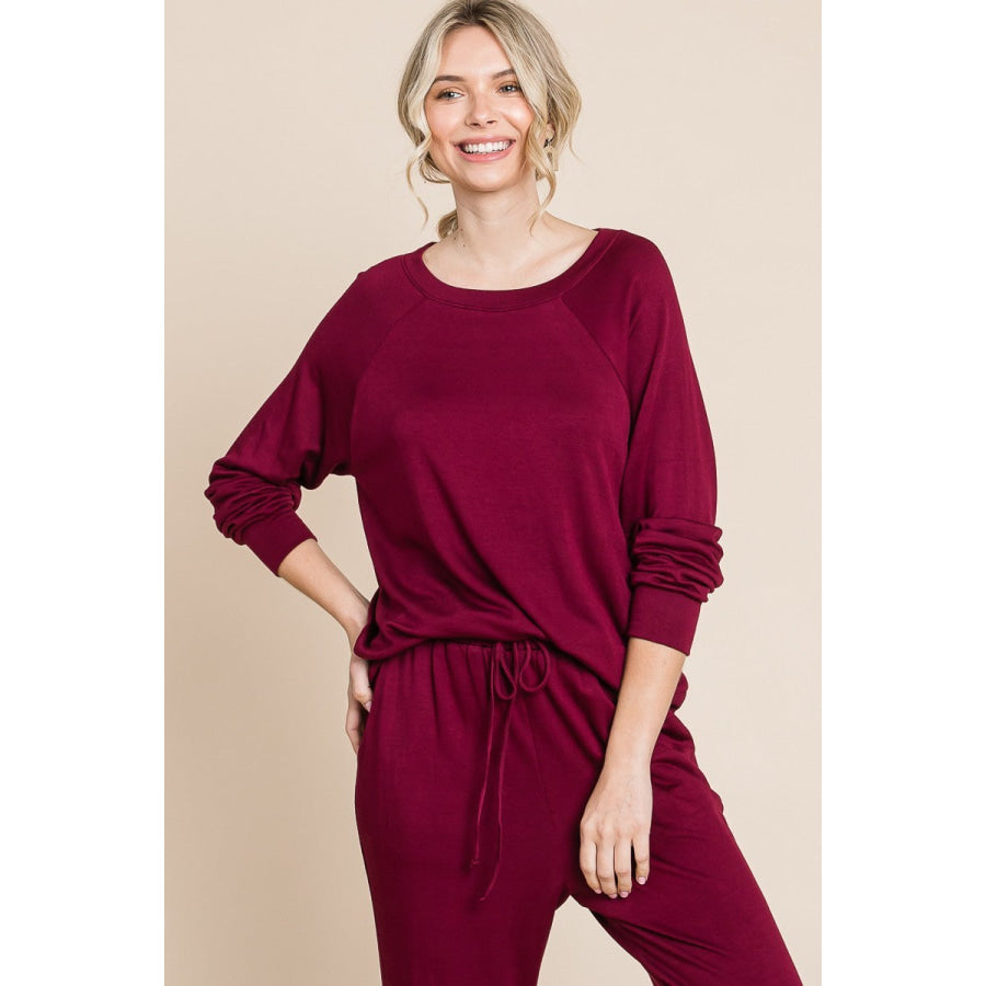 Super Lady Round Neck Raglan Sleeve Top and Pants Lounge Set Burgundy / S Apparel and Accessories