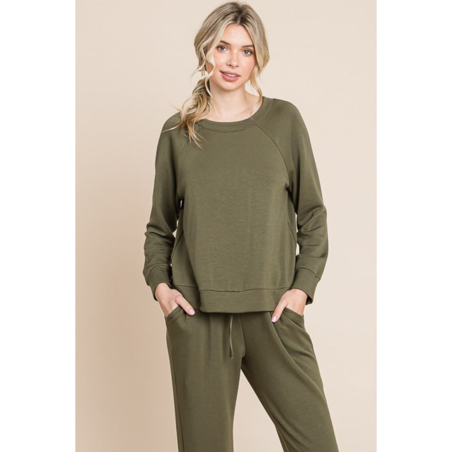 Super Lady Round Neck Raglan Sleeve Top and Pants Lounge Set Olive / S Apparel and Accessories