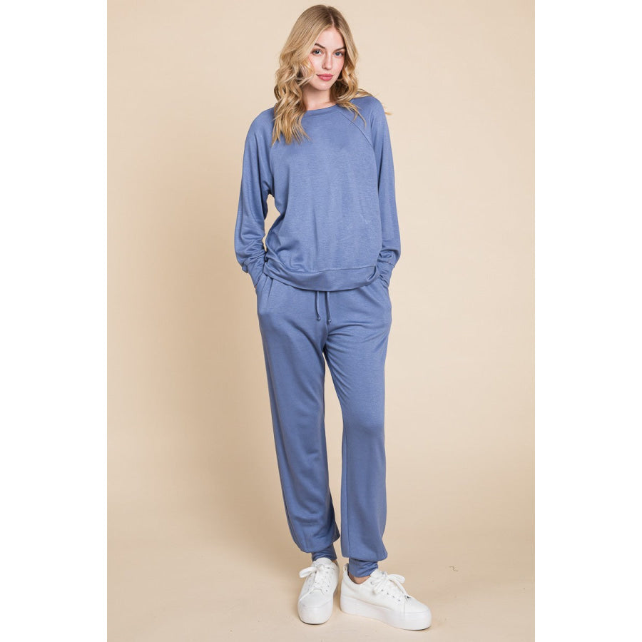 Super Lady Round Neck Raglan Sleeve Top and Pants Lounge Set Powder Blue / S Apparel and Accessories