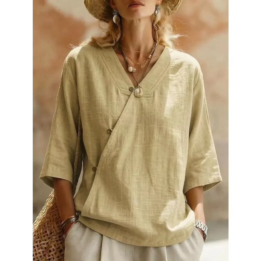 Surplice 3/4 Sleeve Blouse Khaki / S Apparel and Accessories