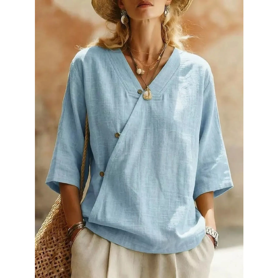 Surplice 3/4 Sleeve Blouse Light Blue / S Apparel and Accessories