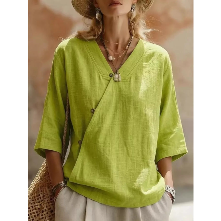 Surplice 3/4 Sleeve Blouse Light Green / S Apparel and Accessories