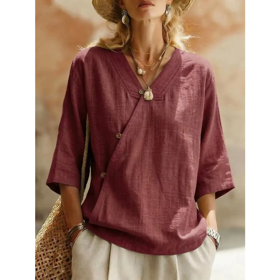 Surplice 3/4 Sleeve Blouse Rouge Color / S Apparel and Accessories