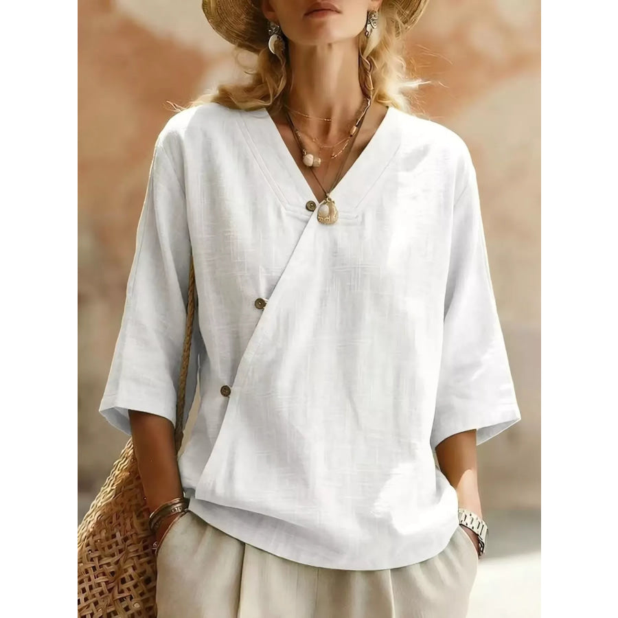 Surplice 3/4 Sleeve Blouse White / S Apparel and Accessories