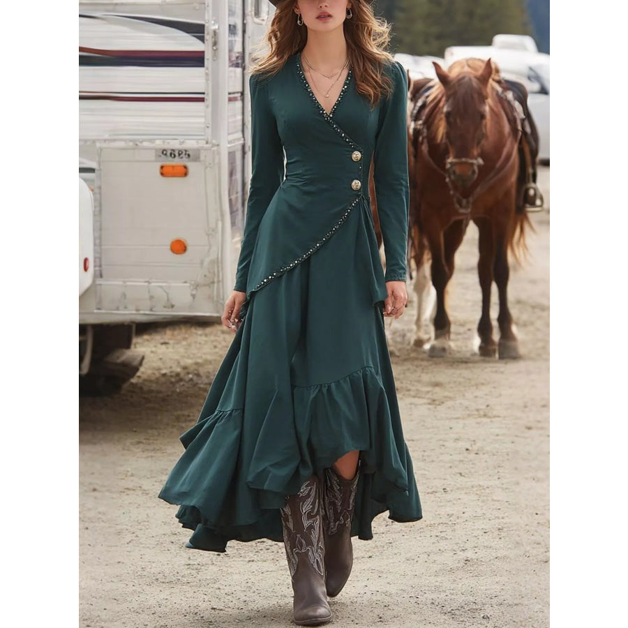 Surplice Asymmetrical Ruffle Hem Maxi Dress Sage / S Apparel and Accessories