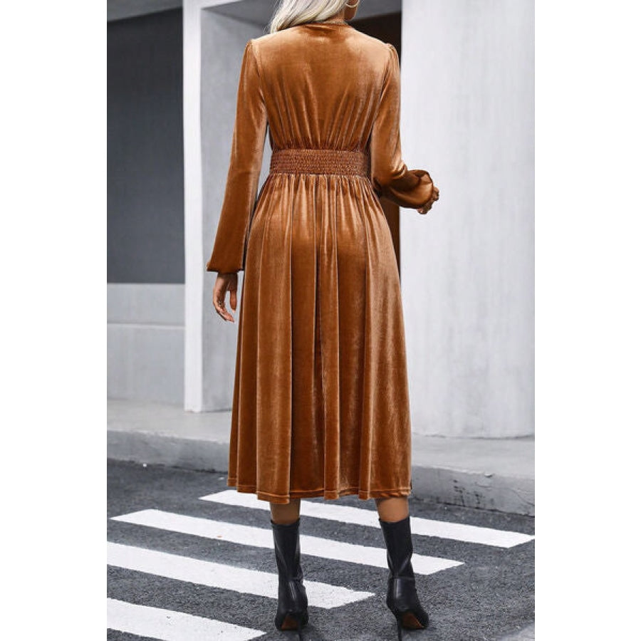 Surplice Balloon Sleeve Smocked Midi Dress Caramel / S Clothing