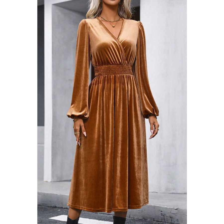 Surplice Balloon Sleeve Smocked Midi Dress Clothing