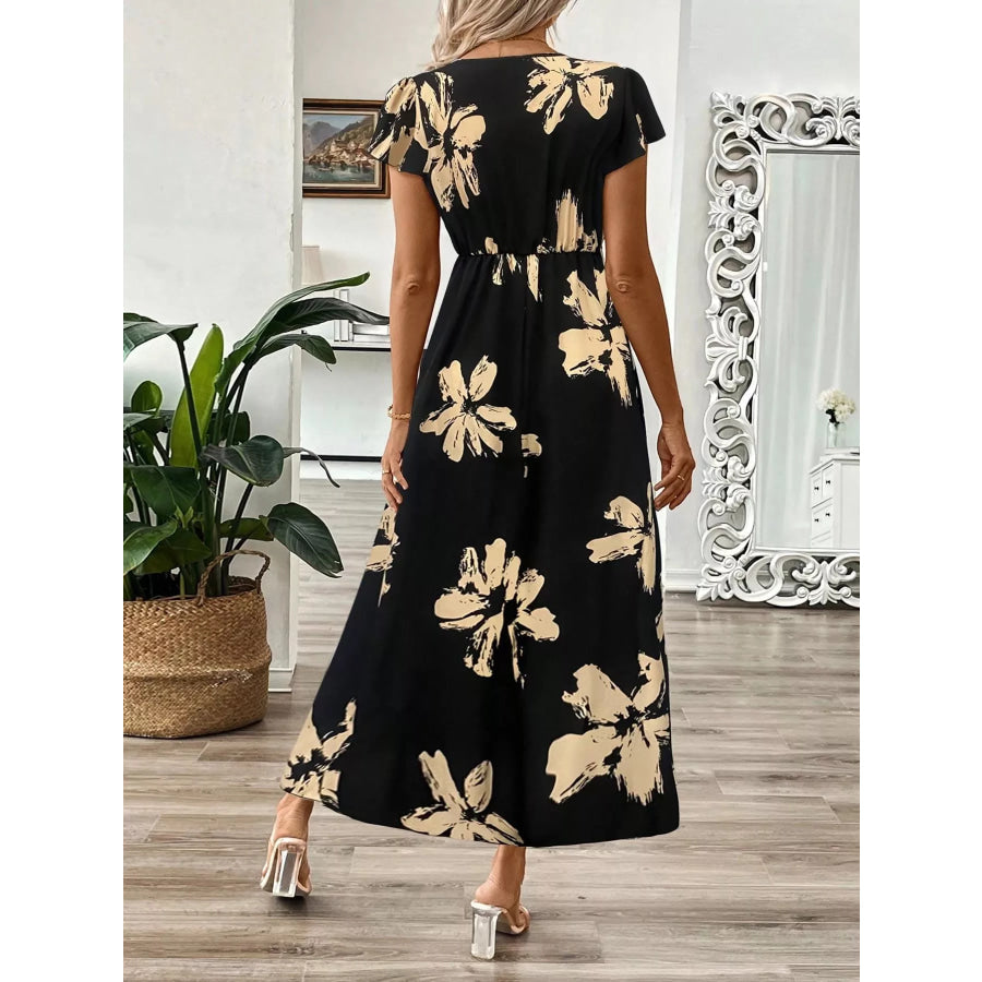 Surplice Cap Sleeve Midi Dress Black / S Apparel and Accessories