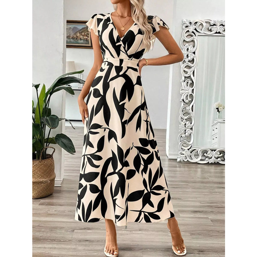 Surplice Cap Sleeve Midi Dress Apricot / S Apparel and Accessories