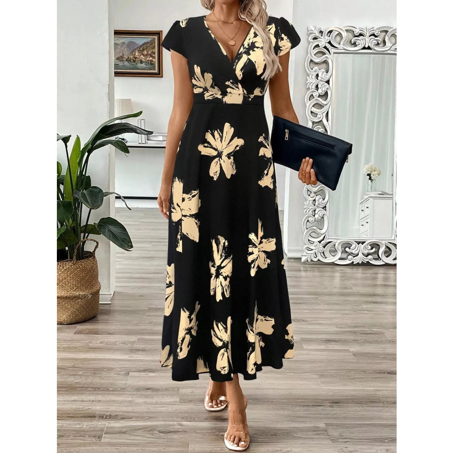Surplice Cap Sleeve Midi Dress Black / S Apparel and Accessories