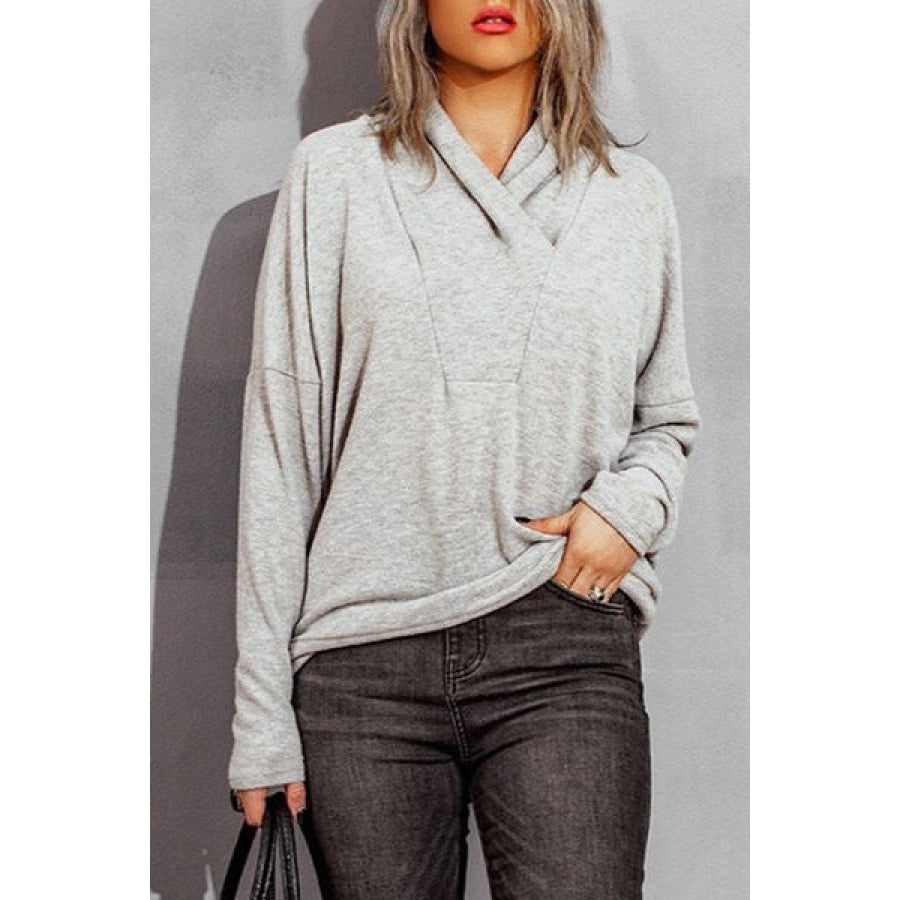 Surplice Dropped Shoulder Long Sleeve Sweater Heather Gray / S Apparel and Accessories