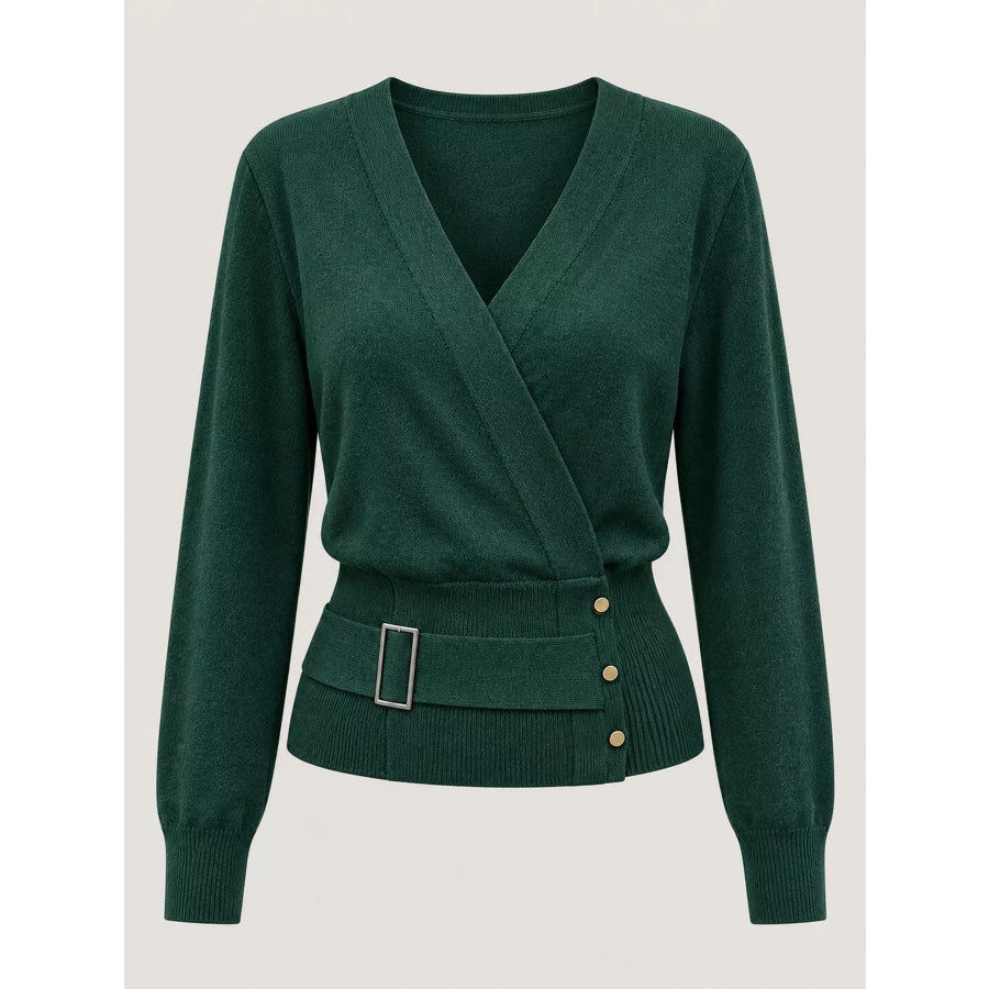 Surplice Elastic Waist Long Sleeve Knit Top Apparel and Accessories