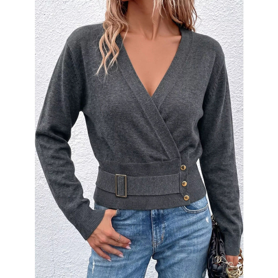 Surplice Elastic Waist Long Sleeve Knit Top Apparel and Accessories