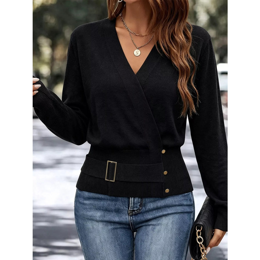 Surplice Elastic Waist Long Sleeve Knit Top Apparel and Accessories