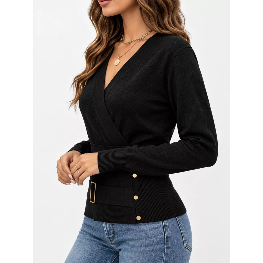 Surplice Elastic Waist Long Sleeve Knit Top Apparel and Accessories
