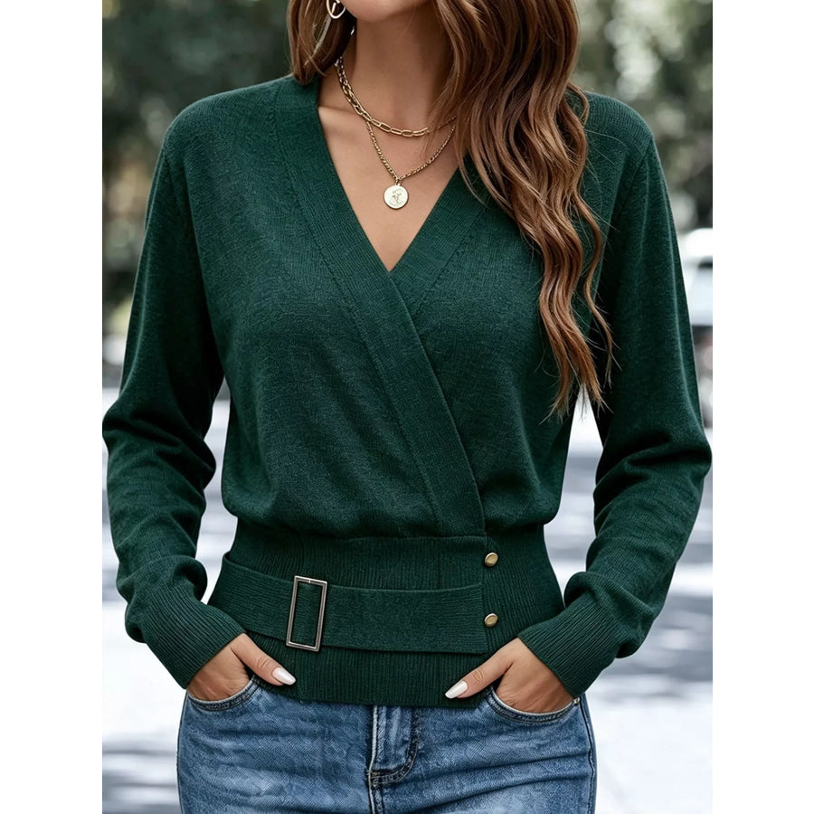Surplice Elastic Waist Long Sleeve Knit Top Apparel and Accessories