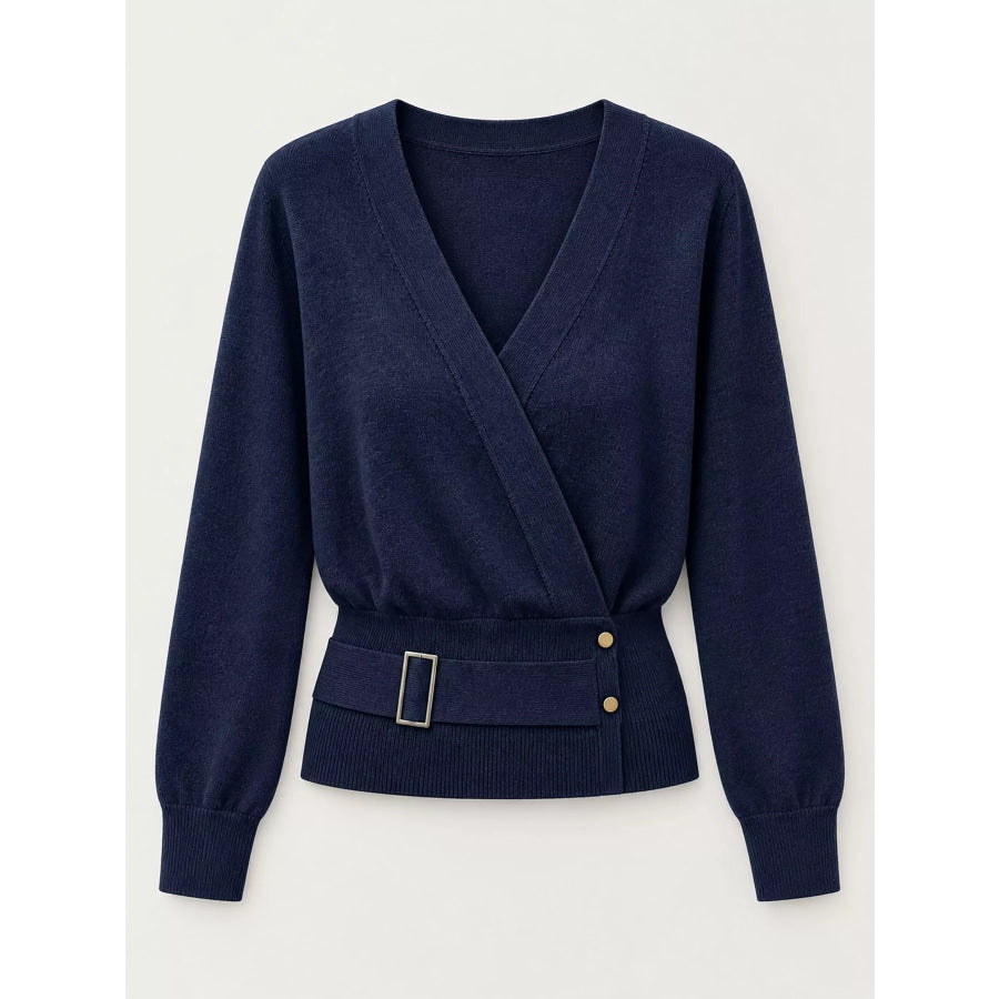Surplice Elastic Waist Long Sleeve Knit Top Apparel and Accessories