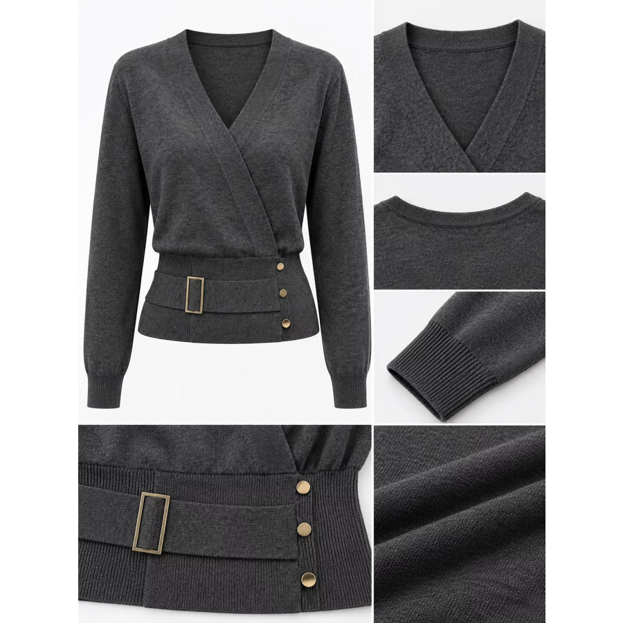 Surplice Elastic Waist Long Sleeve Knit Top Apparel and Accessories