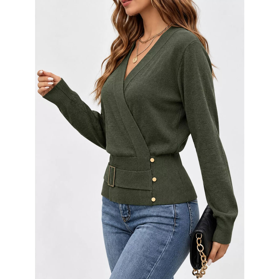 Surplice Elastic Waist Long Sleeve Knit Top Apparel and Accessories