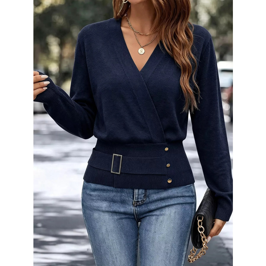 Surplice Elastic Waist Long Sleeve Knit Top Apparel and Accessories