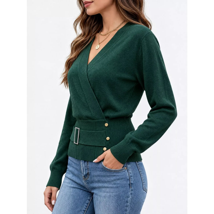 Surplice Elastic Waist Long Sleeve Knit Top Apparel and Accessories