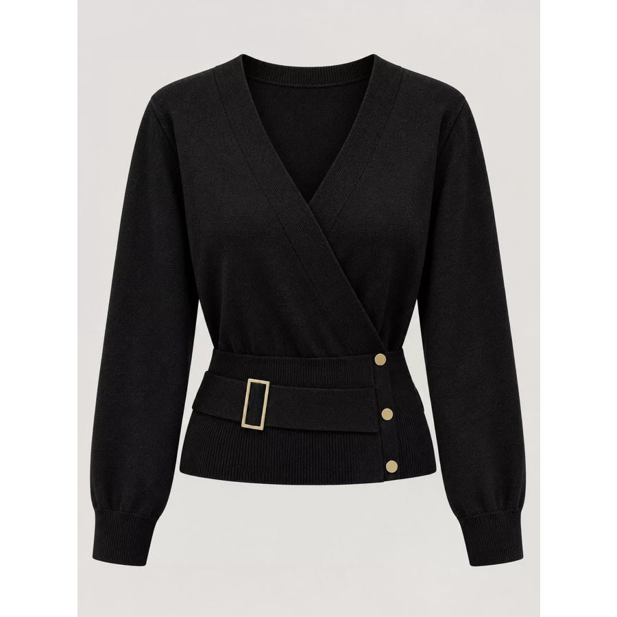 Surplice Elastic Waist Long Sleeve Knit Top Apparel and Accessories