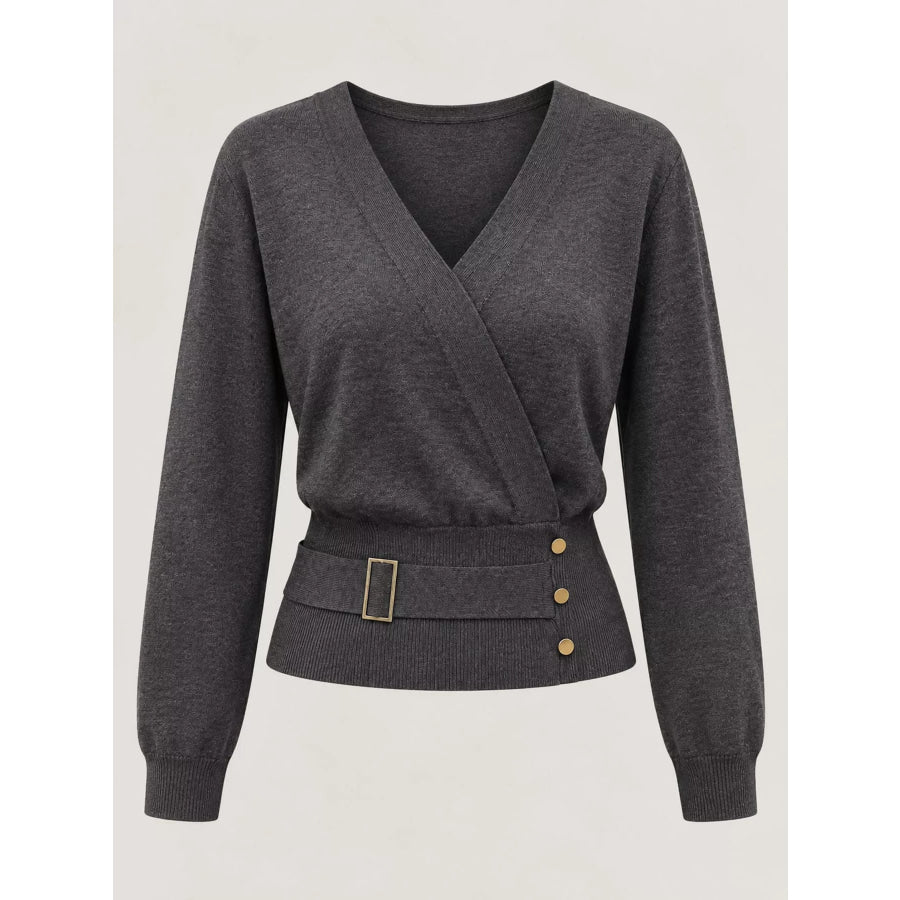 Surplice Elastic Waist Long Sleeve Knit Top Apparel and Accessories