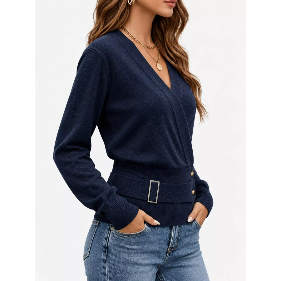 Surplice Elastic Waist Long Sleeve Knit Top Apparel and Accessories