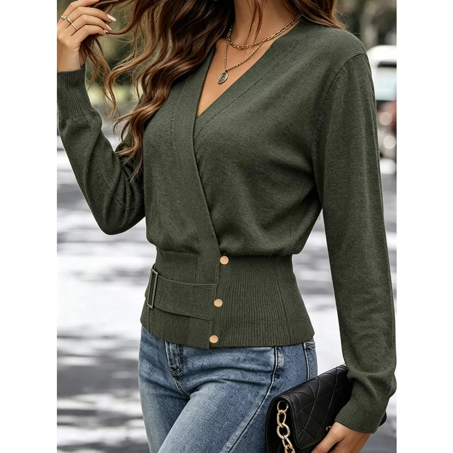 Surplice Elastic Waist Long Sleeve Knit Top Apparel and Accessories