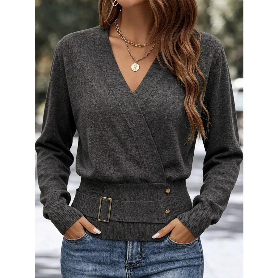 Surplice Elastic Waist Long Sleeve Knit Top Apparel and Accessories
